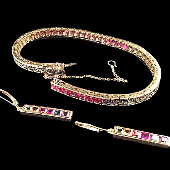 Rainbow Sapphire 18Kt, Princess Cut, Natural Square Sapphires, Tennis Bracelet - Picture 3 of 13